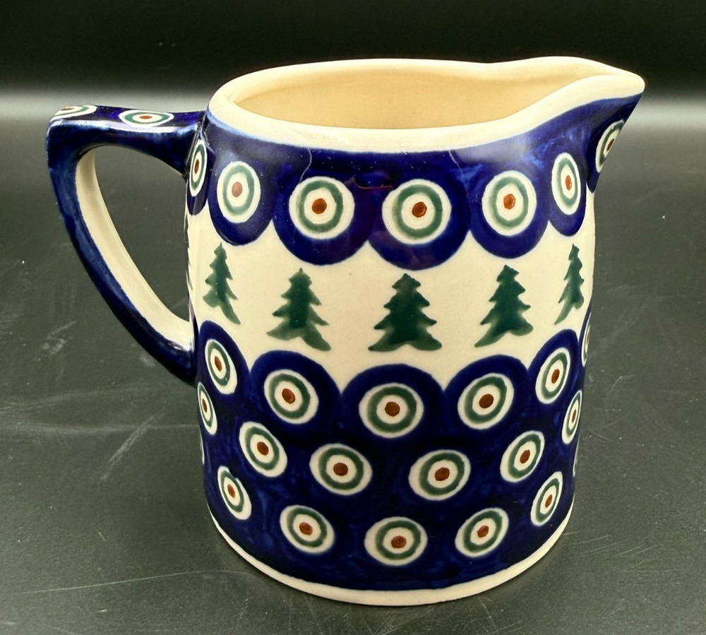 Boleslawiec Polish Pottery Christmas Pine Trees Evergreen Peacock Small Pitcher